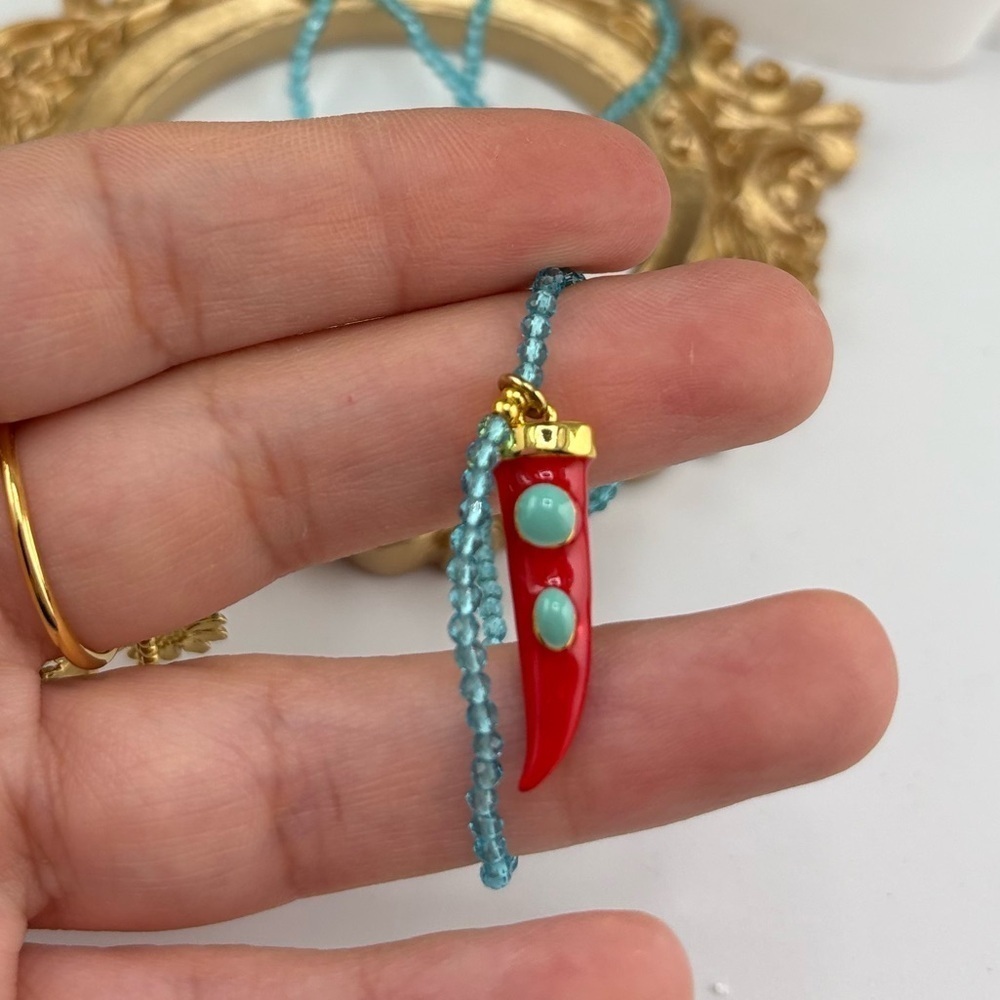 Turquoise Beaded Necklace with Red Horn Charm โจ - Picture 3 of 6